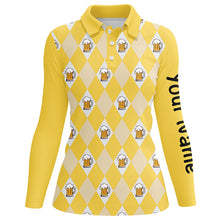 Load image into Gallery viewer, Yellow argyle plaid beer pattern Women golf polo shirts custom golf shirts for women, ladies golf top NQS7812