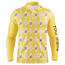 Load image into Gallery viewer, Yellow argyle plaid beer pattern Mens golf polo shirts custom golf attire for men, men's golf apparel NQS7812