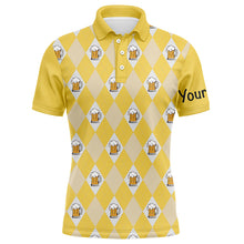 Load image into Gallery viewer, Yellow argyle plaid beer pattern Mens golf polo shirts custom golf attire for men, men's golf apparel NQS7812