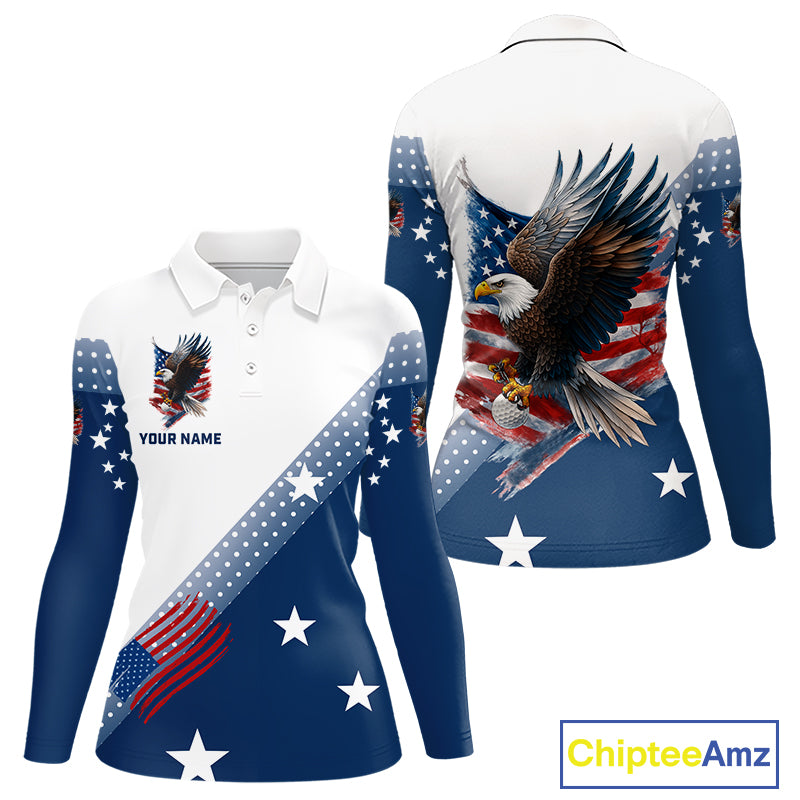 Red, White and Blue American Flag Eagle Custom Women golf polo shirt, patriotic ladies golf outfit NQS10104