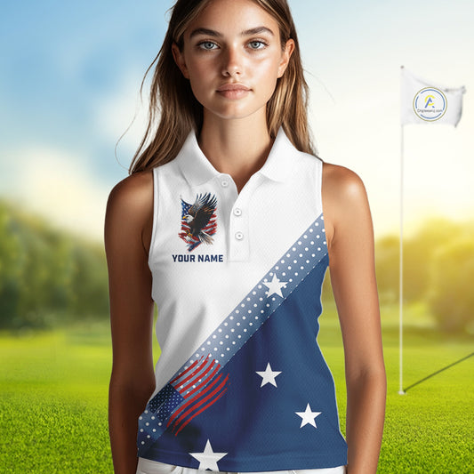 Red, White and Blue American Flag Eagle Custom Women Sleeveless polos, patriotic ladies golf outfit NQS10104