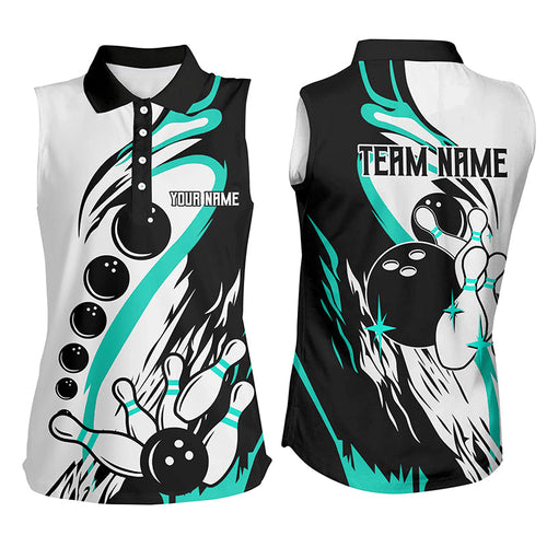 Black and white retro bowling league jersey custom Women sleeveless polo Shirt, bowler gift| Turquoise NQS8229