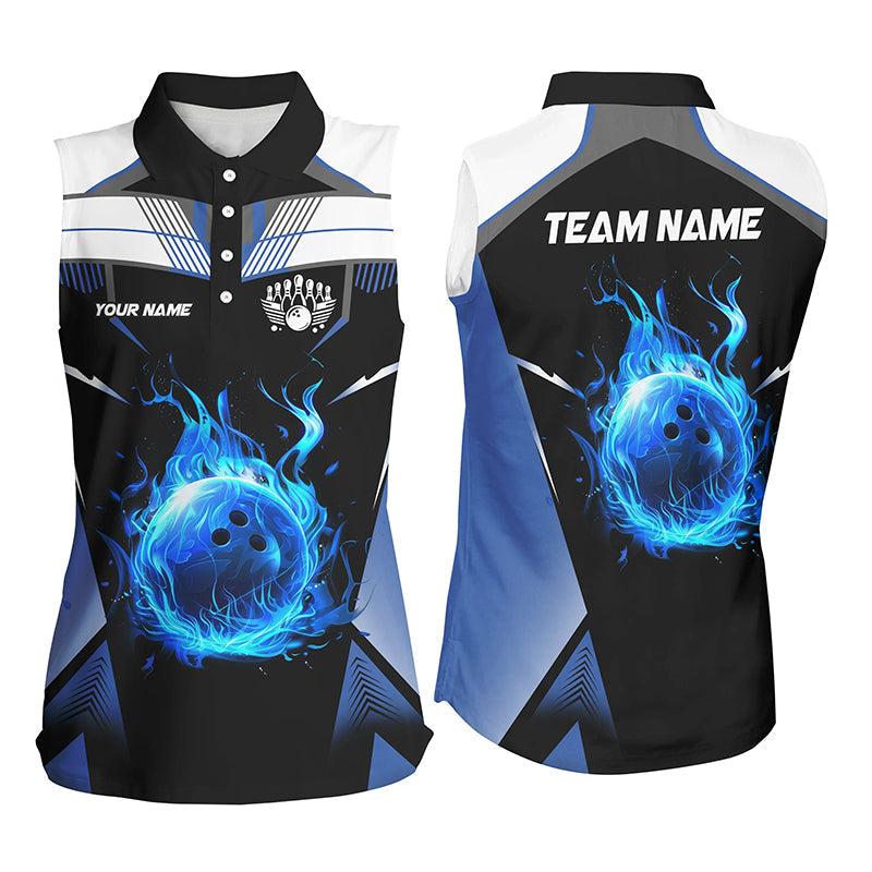 Black and white blue flame bowling ball Team jersey custom Women sleeveless polo Shirts, bowling gifts NQS8230