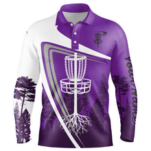 Load image into Gallery viewer, Mens disc golf polo shirt custom name Purple disc golf basket, personalized disc golf shirts NQS8681