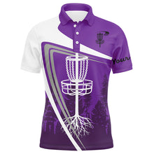 Load image into Gallery viewer, Mens disc golf polo shirt custom name Purple disc golf basket, personalized disc golf shirts NQS8681