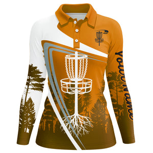 Womens disc golf polo shirt custom name orange disc golf basket, personalized disc golf shirts NQS8682