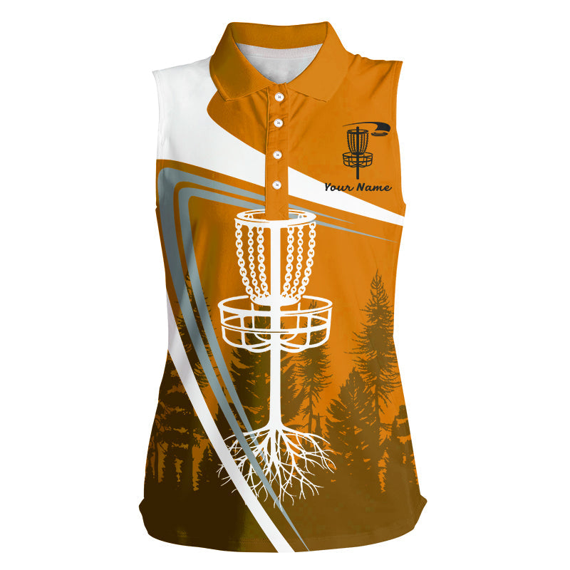 Womens sleeveless polo shirt custom name orange disc golf basket, personalized disc golf shirts NQS8682