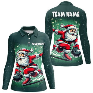 Funny Green Santa Bowling polo, quarter zip shirt for Women Custom bowling uniforms Christmas jerseys NQS8685