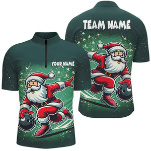 Funny Green Santa Bowling polo, quarter zip shirt for men Custom bowling uniforms Christmas jerseys NQS8685