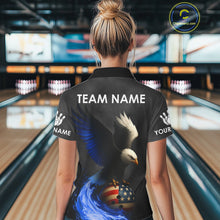 Load image into Gallery viewer, Black and White Eagle Blue Flame American Flag Bowling Shirt For Women Custom Team Bowling Jersey NQS10857