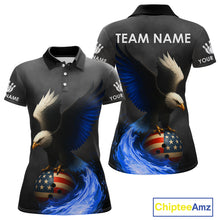 Load image into Gallery viewer, Black and White Eagle Blue Flame American Flag Bowling Shirt For Women Custom Team Bowling Jersey NQS10857