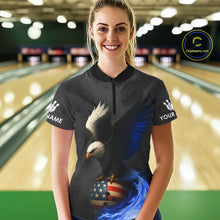 Load image into Gallery viewer, Black and White Eagle Blue Flame American Flag Bowling Shirt For Women Custom Team Bowling Jersey NQS10857
