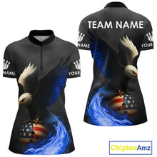 Load image into Gallery viewer, Black and White Eagle Blue Flame American Flag Bowling Shirt For Women Custom Team Bowling Jersey NQS10857