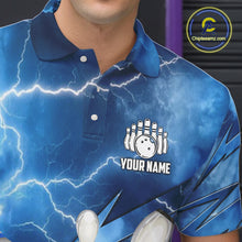 Load image into Gallery viewer, Blue Lightning Thunder Bowling Shirts For Men Custom Bowling Team League Jersey, Gift For Bowlers NQS10860