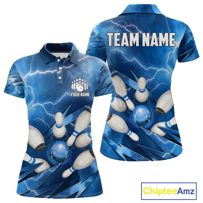 Blue Lightning Thunder Bowling Shirts For Women Custom Bowling Team League Jersey, Gift For Bowlers NQS10860