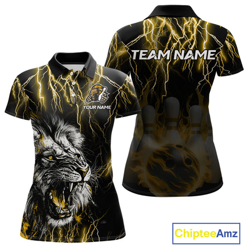Black and Yellow Lightning Thunder Lion Bowling Shirt For Women Custom Lion Bowling Team Jerseys NQS11045