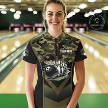 Load image into Gallery viewer, Black green camo Womens polo, quarter Zip bowling shirts Custom bowling team league jerseys NQS11050