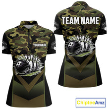 Load image into Gallery viewer, Black green camo Womens polo, quarter Zip bowling shirts Custom bowling team league jerseys NQS11050