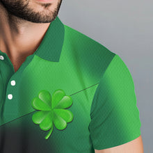 Load image into Gallery viewer, Mens golf polo shirt custom name green clover St Patrick day golf shirts, golfing gifts | Black NQS9514