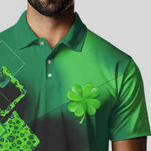 Load image into Gallery viewer, Mens golf polo shirt custom name green clover St Patrick day golf shirts, golfing gifts | Black NQS9514