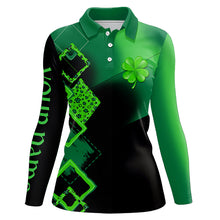 Load image into Gallery viewer, Womens golf polo shirts custom name green clover St Patrick day golf shirts, golfing gifts | Black NQS9514