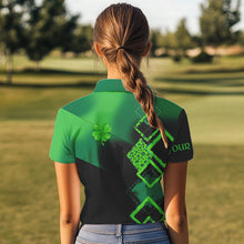 Load image into Gallery viewer, Womens golf polo shirts custom name green clover St Patrick day golf shirts, golfing gifts | Black NQS9514