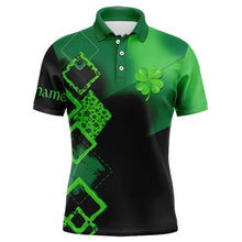 Load image into Gallery viewer, Mens golf polo shirt custom name green clover St Patrick day golf shirts, golfing gifts | Black NQS9514