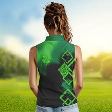 Load image into Gallery viewer, Women Sleeveless polo shirt custom name green clover St Patrick day golf shirts, golfing gifts | Black NQS9514