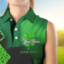 Load image into Gallery viewer, Women Sleeveless polo shirt custom name green clover St Patrick day golf shirts, golfing gifts | Black NQS9514