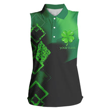 Load image into Gallery viewer, Women Sleeveless polo shirt custom name green clover St Patrick day golf shirts, golfing gifts | Black NQS9514