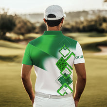 Load image into Gallery viewer, Mens golf polo shirt custom name white and green shamrock St Patrick day golf shirts, golfing gifts NQS9676
