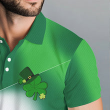 Load image into Gallery viewer, Mens golf polo shirt custom name white and green shamrock St Patrick day golf shirts, golfing gifts NQS9676