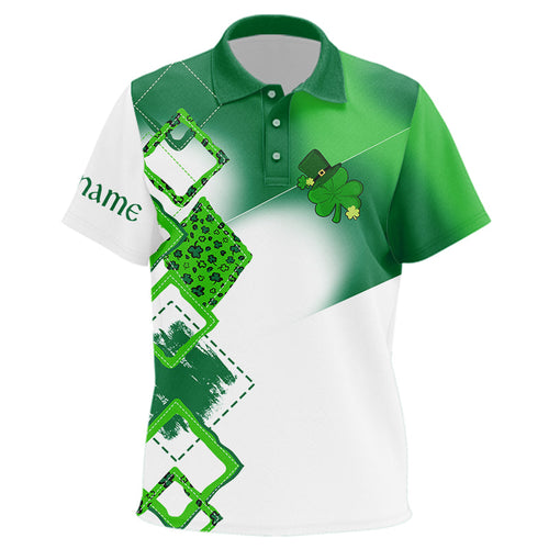Kid golf polo shirt custom name white and green shamrock St Patrick day golf shirts, golfing gifts NQS9676