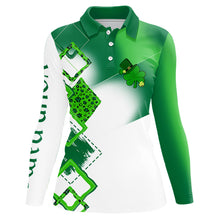 Load image into Gallery viewer, Women golf polo shirt custom name white and green shamrock St Patrick day golf shirts, golfing gifts NQS9676