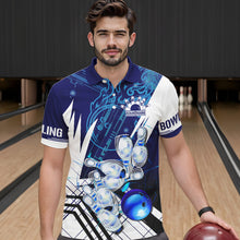 Load image into Gallery viewer, Blue and White Custom Flame Bowling Polo, Quarter-Zip Shirts For Men, Team Bowling League Jersey NQS9679
