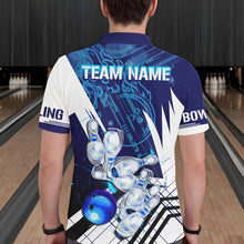 Load image into Gallery viewer, Blue and White Custom Flame Bowling Polo, Quarter-Zip Shirts For Men, Team Bowling League Jersey NQS9679