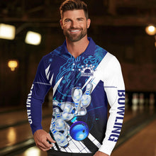 Load image into Gallery viewer, Blue and White Custom Flame Bowling Polo, Quarter-Zip Shirts For Men, Team Bowling League Jersey NQS9679