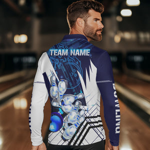 Blue and White Custom Flame Bowling Polo, Quarter-Zip Shirts For Men, Team Bowling League Jersey NQS9679