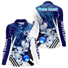 Load image into Gallery viewer, Blue and White Custom Flame Bowling Polo, Quarter-Zip Shirts For Women, Team Bowling League Jersey NQS9679