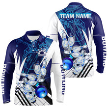 Load image into Gallery viewer, Blue and White Custom Flame Bowling Polo, Quarter-Zip Shirts For Men, Team Bowling League Jersey NQS9679