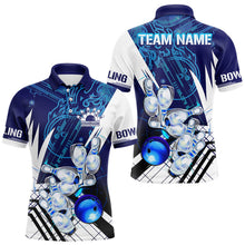 Load image into Gallery viewer, Blue and White Custom Flame Bowling Polo, Quarter-Zip Shirts For Men, Team Bowling League Jersey NQS9679
