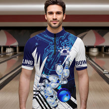 Load image into Gallery viewer, Blue and White Custom Flame Bowling Polo, Quarter-Zip Shirts For Men, Team Bowling League Jersey NQS9679