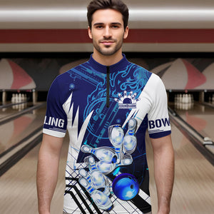 Blue and White Custom Flame Bowling Polo, Quarter-Zip Shirts For Men, Team Bowling League Jersey NQS9679