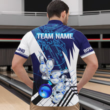 Load image into Gallery viewer, Blue and White Custom Flame Bowling Polo, Quarter-Zip Shirts For Men, Team Bowling League Jersey NQS9679