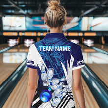 Load image into Gallery viewer, Blue and White Custom Flame Bowling Polo, Quarter-Zip Shirts For Women, Team Bowling League Jersey NQS9679