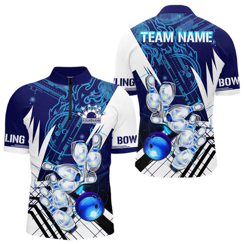 Blue and White Custom Flame Bowling Polo, Quarter-Zip Shirts For Men, Team Bowling League Jersey NQS9679