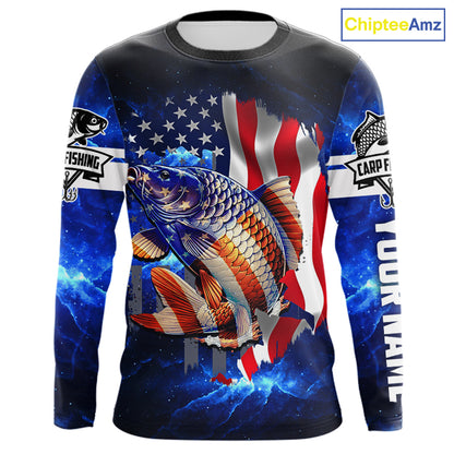 Carp Fishing blue galaxy 3D American Flag patriotic Customize name All over print fishing shirts NQS449