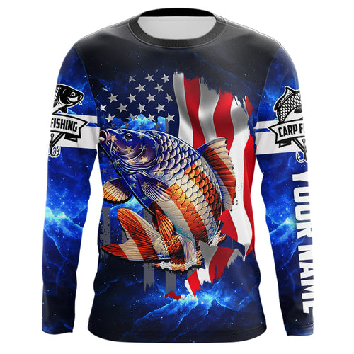 Carp Fishing blue galaxy 3D American Flag patriotic Customize name All over print fishing shirts NQS449