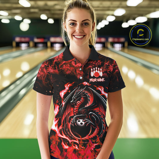 Black and Red Flame Dragon bowling shirts for Women Custom Bowling Team Jersey, gift for Bowler NQS10245