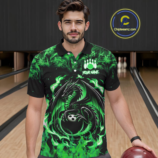 Black and Green Flame Dragon bowling shirts for Men Custom Bowling Team Jersey, gift for Bowler NQS10246